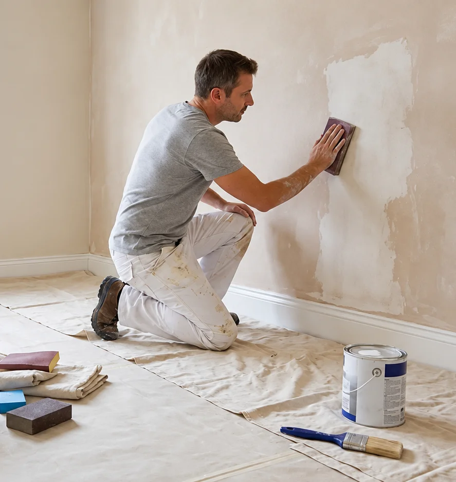 Ponçage d’un mur enduit avant sa mise en peinture